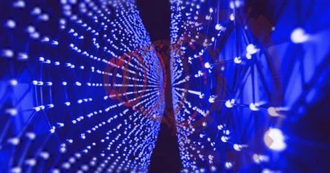 Image of digital data processing over mesh of connections on black background Stockfoto's