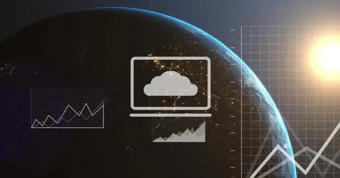 Image of digital data processing over globe on dark background Stock Photos