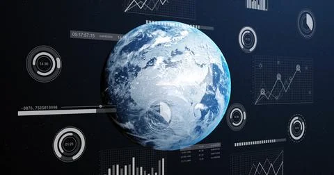 Image of digital data processing over globe on dark background Stock Photos