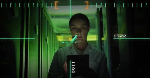 Image of digital data processing over caucasian it woman by computer servers Foto stock