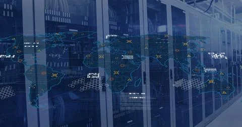Image of digital data processing over world map and computer servers Stock Photos