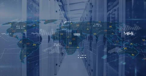 Image of digital data processing over world map and computer servers 스톡 사진