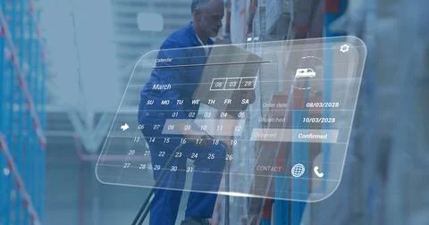 Image of digital data processing over caucasian man working in warehouse 写真素材