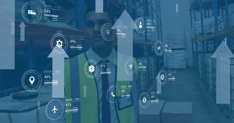 Image of digital data processing over biracial man working in warehouse Stock Photos