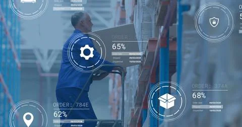 Image of digital data processing over caucasian man working in warehouse 写真素材