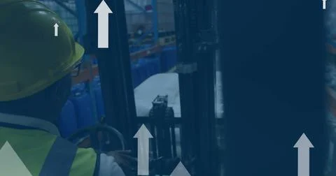 Image of digital data processing over biracial man working in warehouse Stock Photos