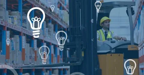 Image of digital data processing over biracial man working in warehouse Stock Photos