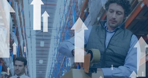 Image of digital data processing over diverse men working in warehouse 写真素材