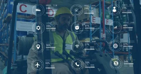 Image of digital data processing over biracial man working in warehouse Foto stock