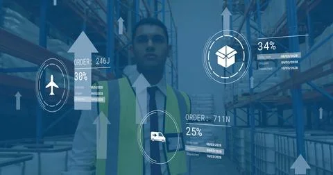 Image of digital data processing over biracial man working in warehouse 스톡 사진