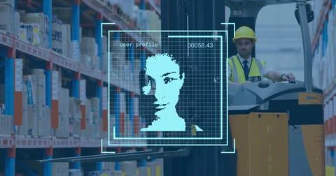 Image of digital data processing over biracial man working in warehouse Stock Photos