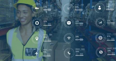 Image of digital data processing over biracial man working in warehouse 스톡 사진