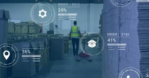Image of digital data processing over biracial man working in warehouse Stock Photos