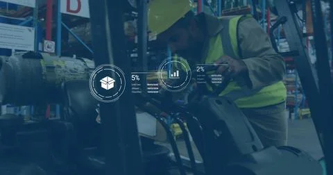 Image of digital data processing over biracial man working in warehouse Foto stock