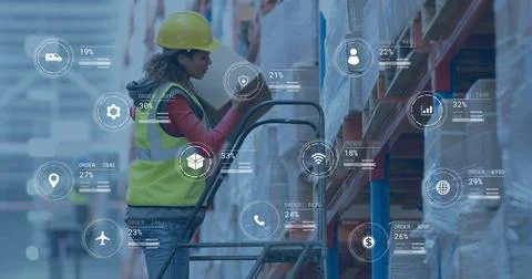 Image of digital data processing over biracial man working in warehouse Stock Photos