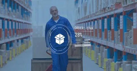 Image of digital data processing over caucasian man working in warehouse Stock Photos