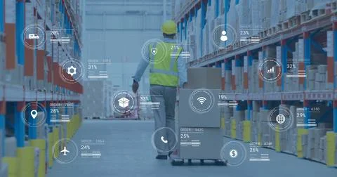 Image of digital data processing over caucasian man working in warehouse Stock Photos