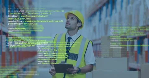 Image of digital data processing over caucasian man working in warehouse 库存照片