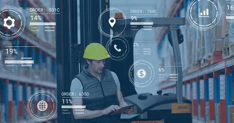 Image of digital data processing over caucasian man working in warehouse 스톡 사진