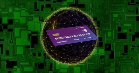 Image of digital data processing over credit card and globe 스톡 사진