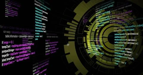 Image of digital data processing over scope on black background 스톡 사진