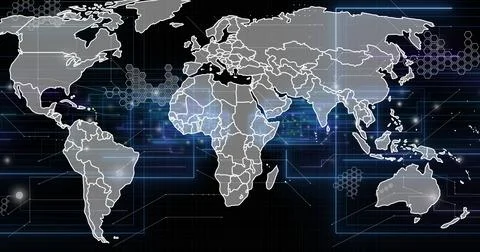 Image of digital data processing over world map on black background Stock Photos