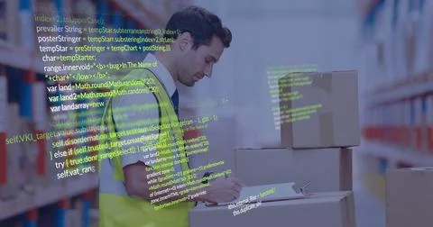 Image of digital data processing over caucasian man working in warehouse Stock Photos