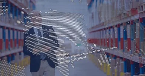 Image of digital data processing over caucasian man working in warehouse Stock Photos
