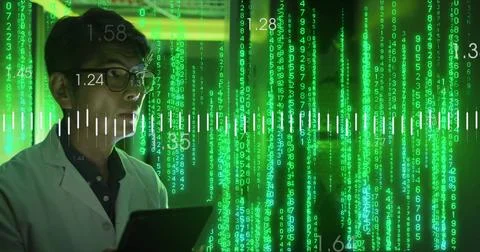 Image of digital data processing over asian man using tablet by computer servers 스톡 사진