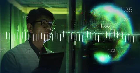 Image of digital data processing over asian man using tablet by computer servers Foto stock