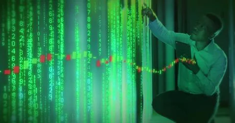 Image of digital data processing over african american man using tablet by 스톡 사진