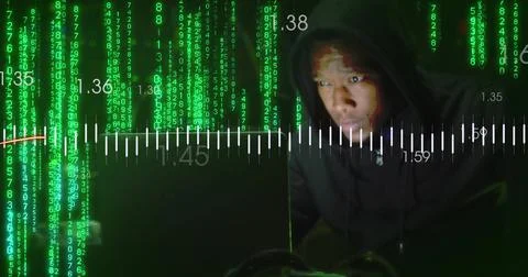 Image of digital data processing over african american man using laptop by 스톡 사진