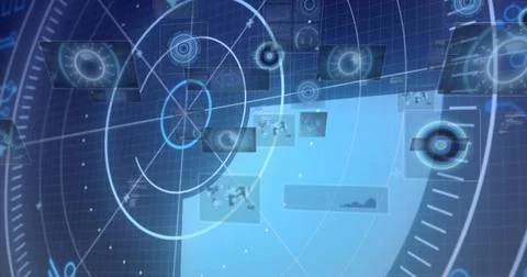 Image of digital data processing over scope scanning on black background 스톡 사진