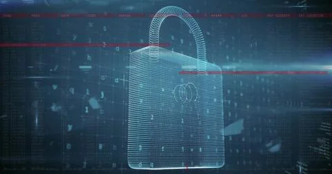 Image of digital data processing over padlock on dark background Stock Photos