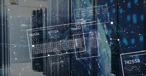 Image of digital data processing over padlock and computer servers 스톡 사진