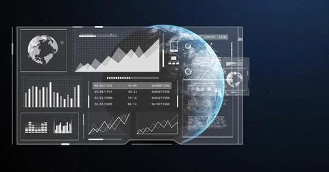 Image of digital data processing over globe on dark background 库存照片