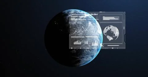 Image of digital data processing over globe on dark background 스톡 사진