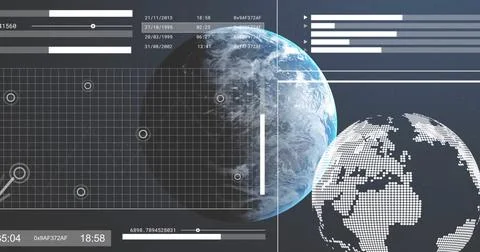 Image of digital data processing over globe on dark background Foto stock