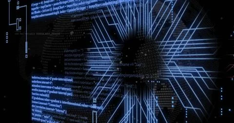 Image of digital data processing over computer circuit board and globe 写真素材