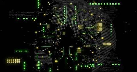 Image of digital data processing over computer circuit board and globe Stock Photos