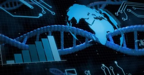 Image of digital data processing over dna strand Foto stock