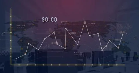 Image of digital data processing over world map on dark background Foto stock