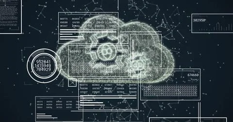 Image of digital data processing over cloud with cogs on dark background Foto stock