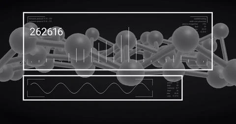 Image of digital data processing over dna strand spinning Foto stock