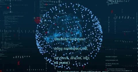Image of digital data processing over globe on dark background 스톡 사진