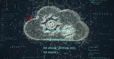 Image of digital data processing over cloud with cogs on dark background Stock Photos