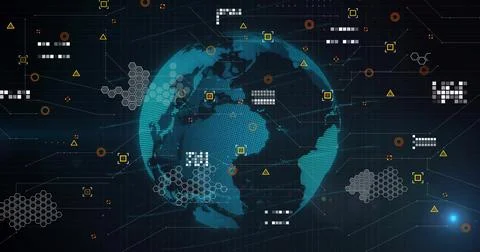 Image of digital data processing over globe on dark background Stock Photos