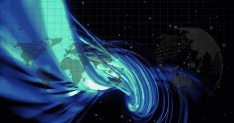Image of digital data processing over globe on dark background 스톡 사진