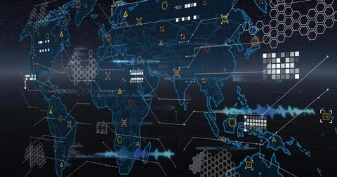 Image of digital data processing over world map and computer circuit board 스톡 사진