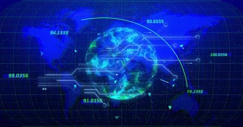 Image of digital data processing over globe and computer circuit board Stock Photos